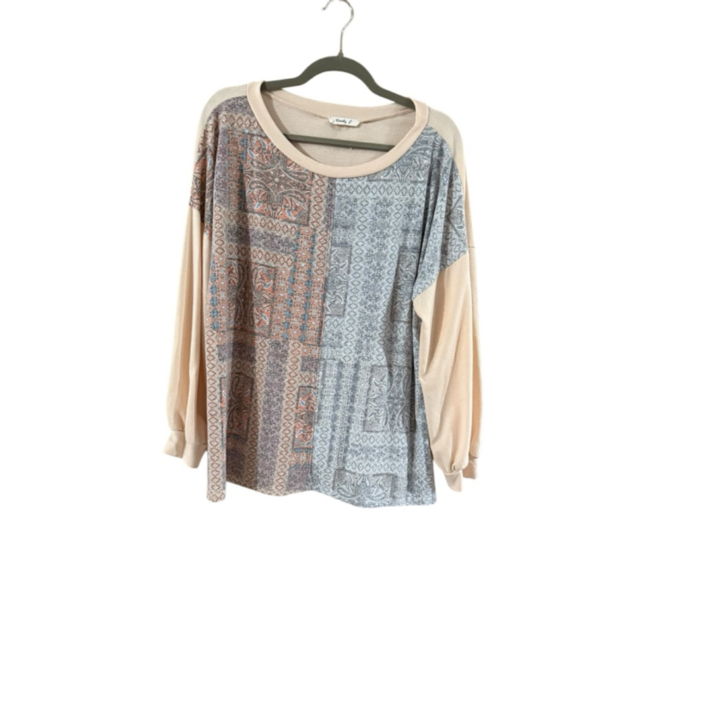 Women's Lovely J Long Sleeve Tee M Beige Orange Patterned - Picture 8 of 9